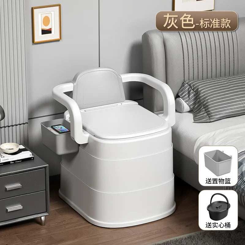 Portable Commode Chair Gray Hard Seat Removable Bucket and Armrests for Home Care