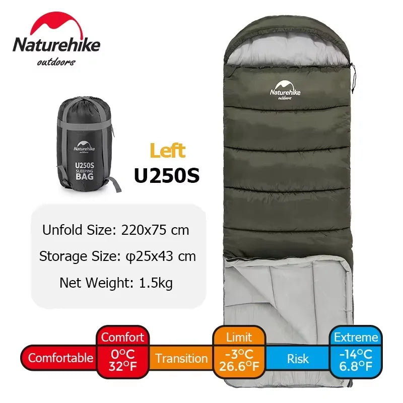250g Cotton Filled Envelope Green Left Zip Winter Sleeping Bag for Camping Hiking Trekking and Outdoor Travel