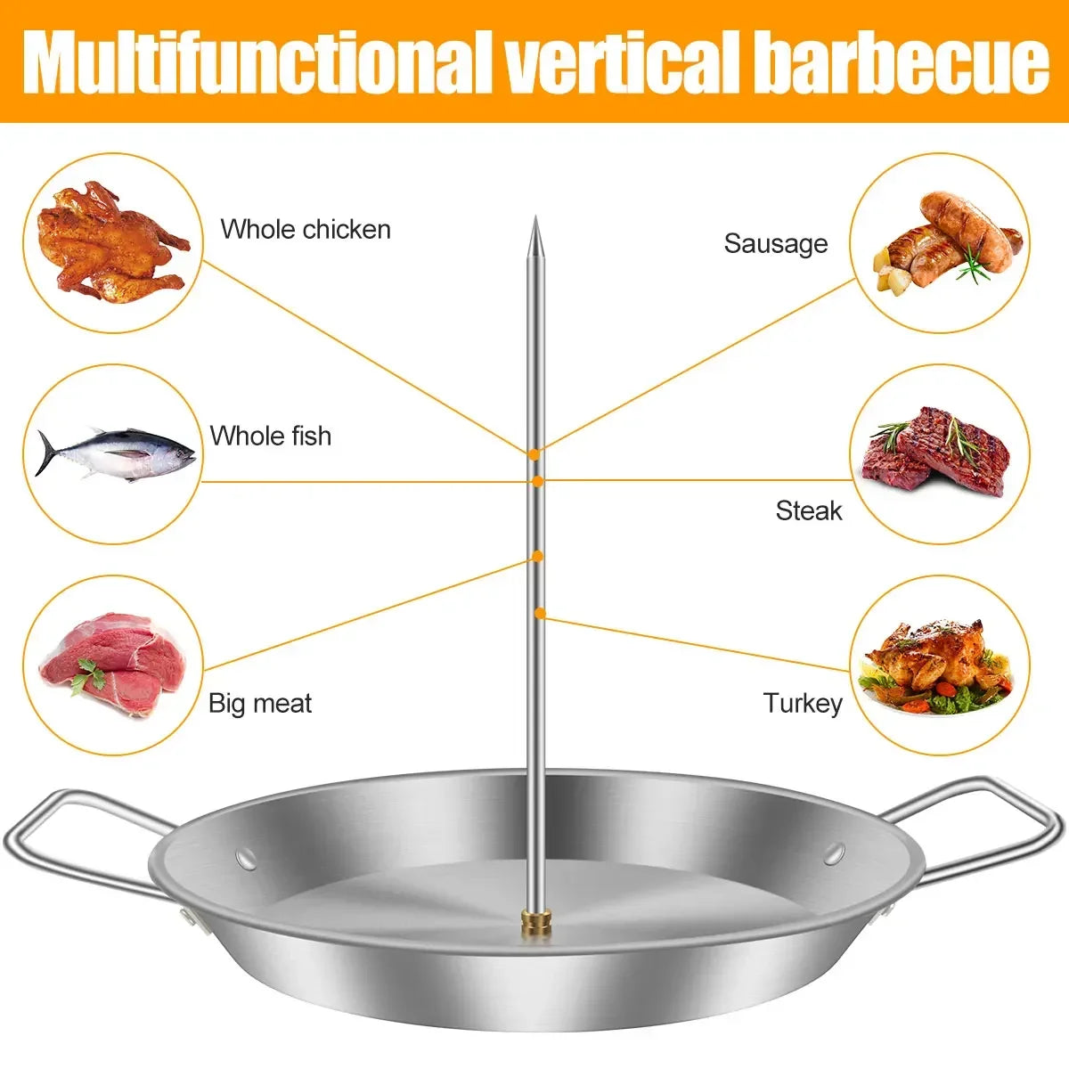 Stainless Steel Vertical BBQ Skewer Rack with Drip Pan and 3 Meat Spikes