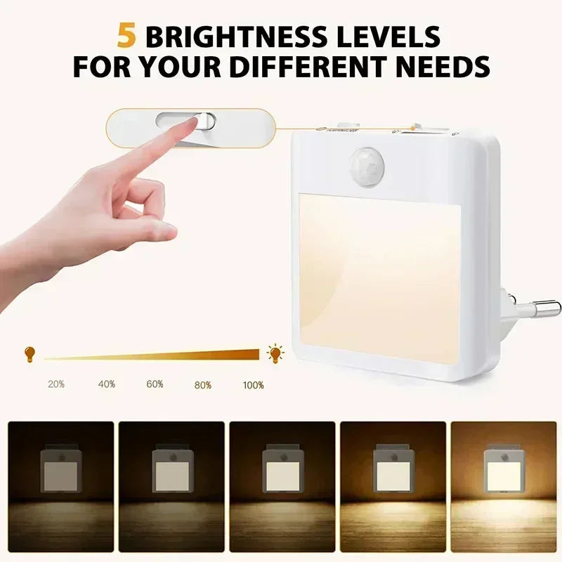 AU Plug LED Motion Sensor Night Light Adjustable Brightness Warm and White Light