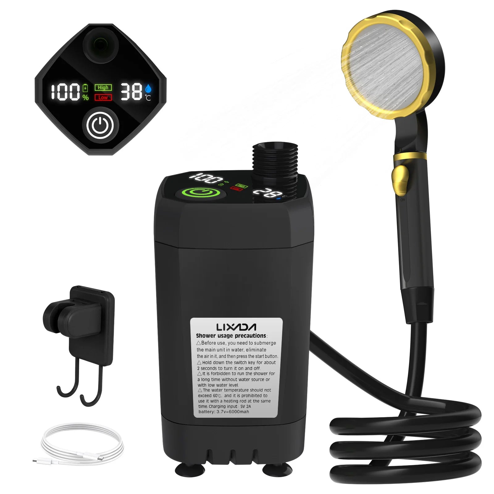 Portable Black Camping Shower Pump with Intelligent Digital Display 6000mAh Rechargeable Outdoor Shower Kit for RV