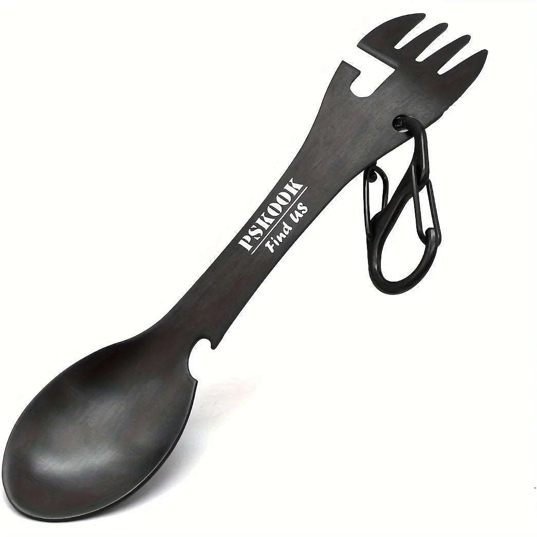 Stainless Steel 5 in 1 Black Camping Spork with Bottle and Can Opener Outdoor Tableware
