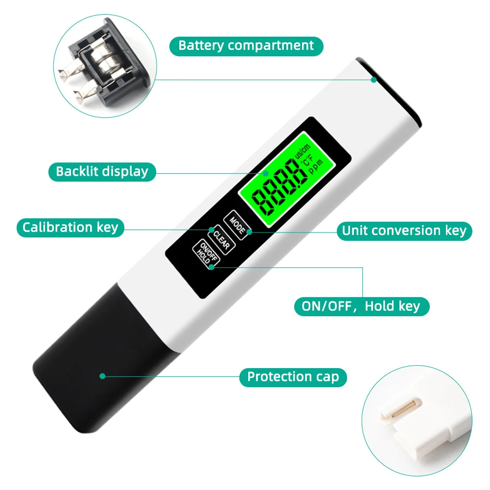 4 in 1 Digital Water Tester White TDS EC Temperature Meter with LCD