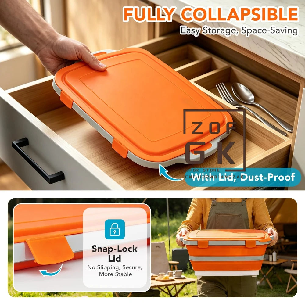 16L Collapsible Orange Food Prep Tub with Cutting Board Drain Plug for Camping BBQ and Outdoor Use