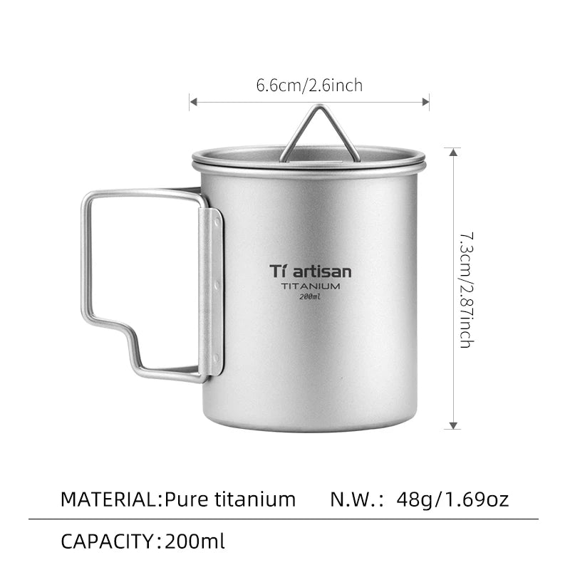 200ml Titanium Camping Mug Lightweight Portable Coffee Cup with Folding Handle and Lid for Outdoor Hiking