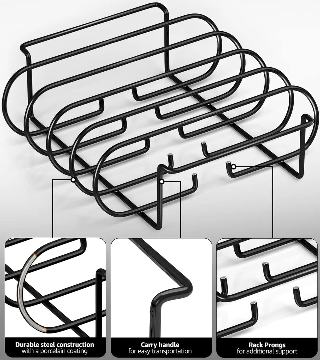 Black BBQ Rib Rack Roasting Stand Holds 4 Ribs for Grill Oven