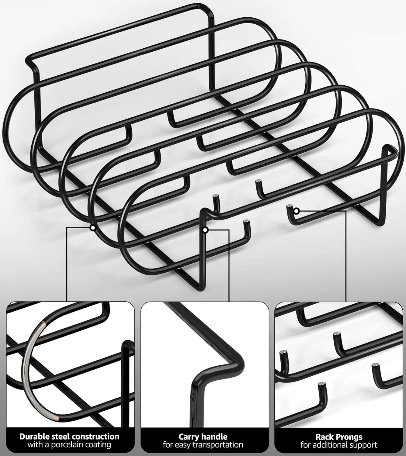 Black BBQ Rib Rack Roasting Stand Holds 4 Ribs for Grill Oven
