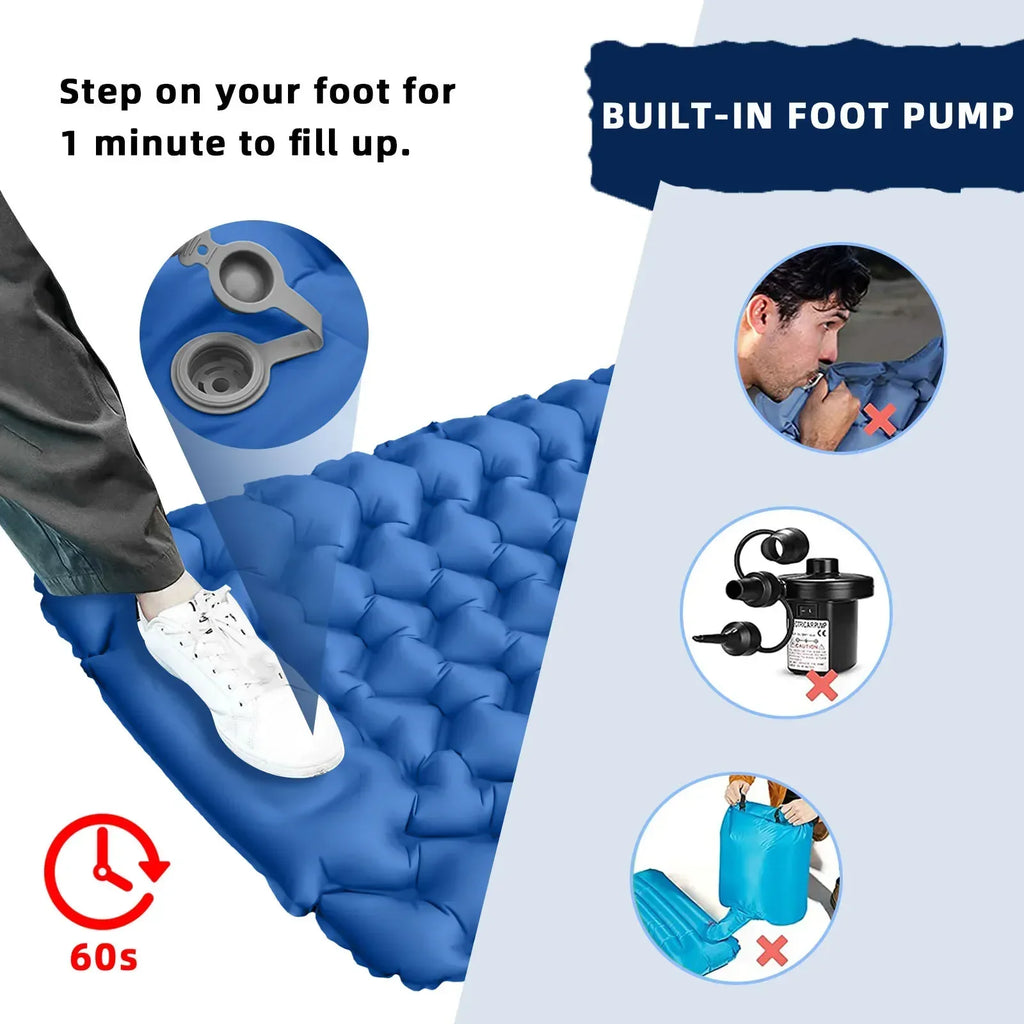 Ultralight Inflatable Blue Camping Sleeping Pad with Built-In Foot Pump and Pillow for Hiking Backpacking Travel