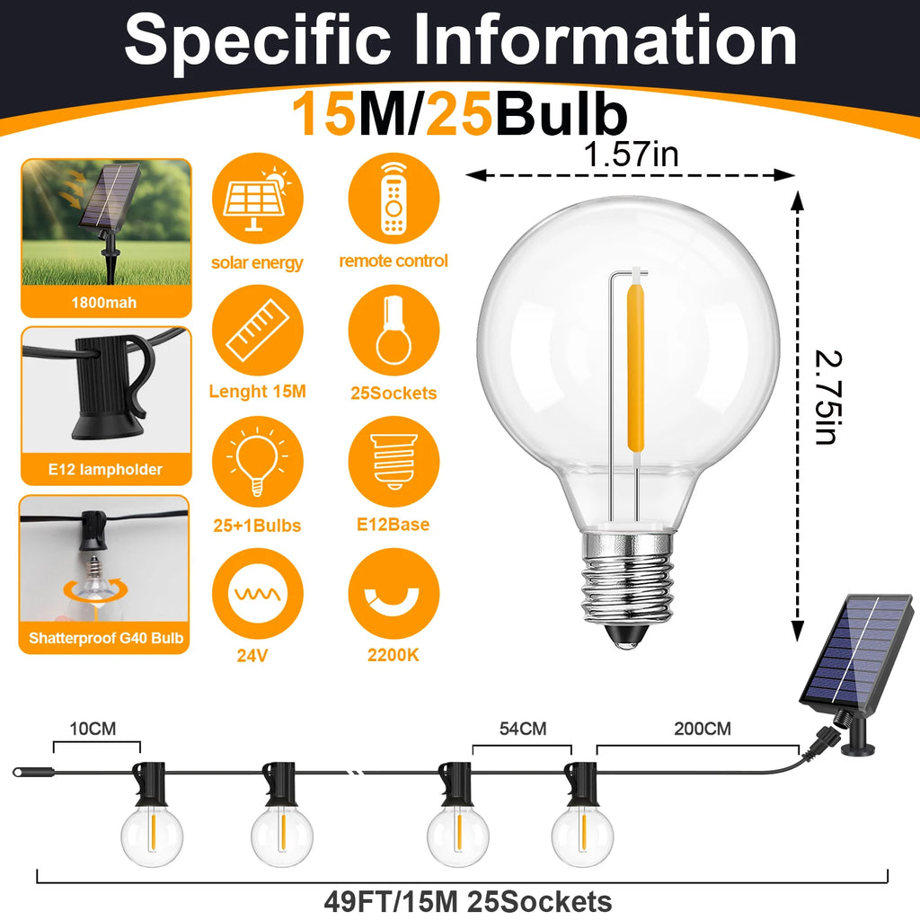 G40 Solar Globe String Lights 49FT 15m 25 Bulb Warm White Outdoor Patio Garden Lights