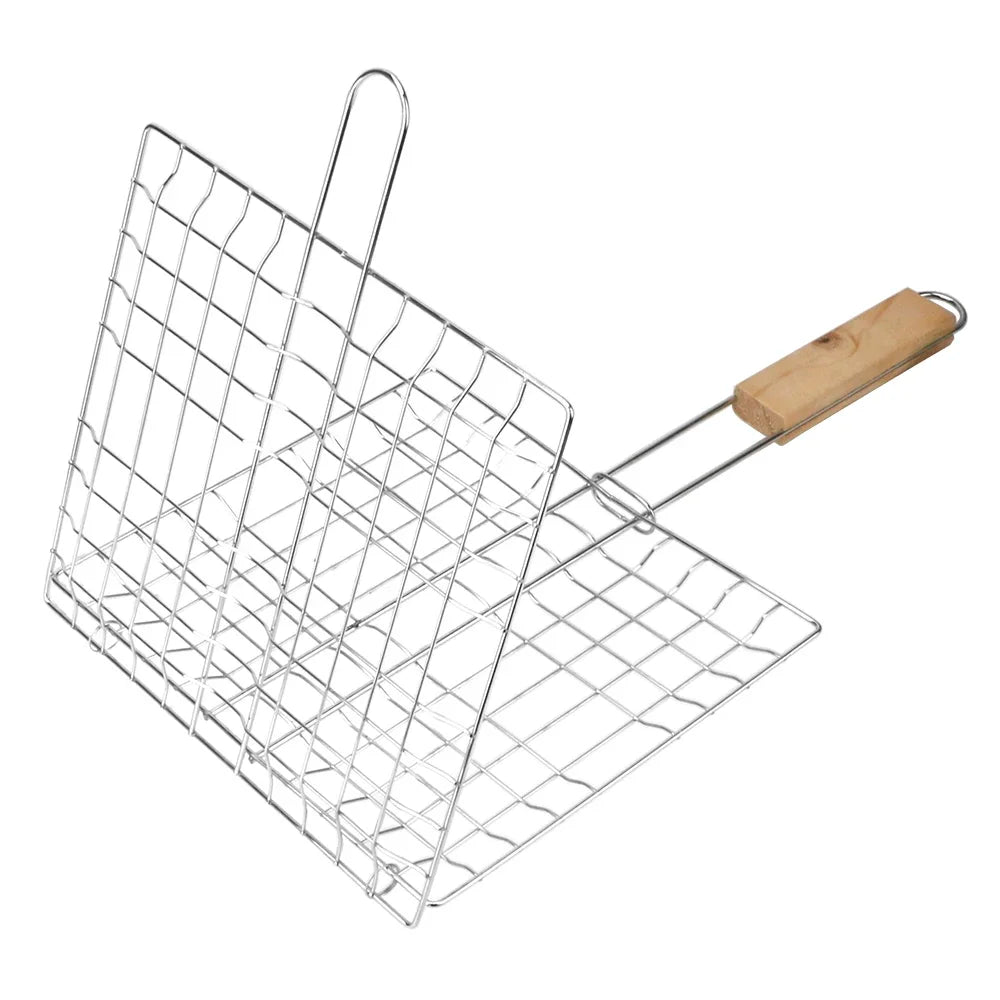 Foldable Stainless Steel BBQ Grilling Basket with Wooden Handle for Fish Meat and Vegetables