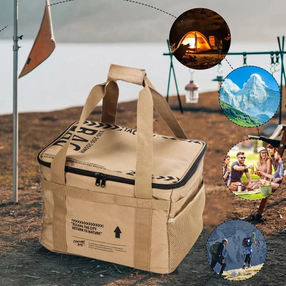 30L Portable Khaki Camping Storage Bag with Adjustable Dividers for Picnic and Outdoor Gear