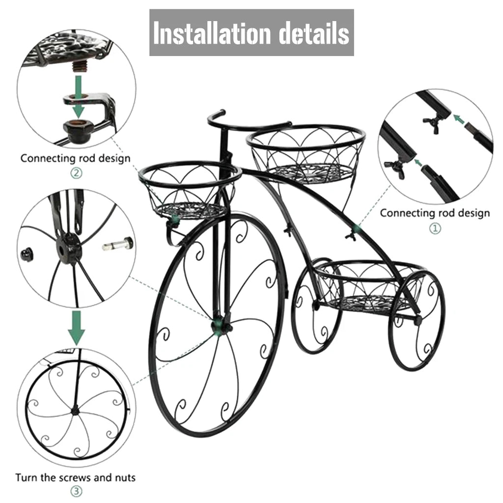 3 Tier Bicycle Plant Stand Wrought Iron Tricycle Flower Pot Holder Indoor Outdoor Black