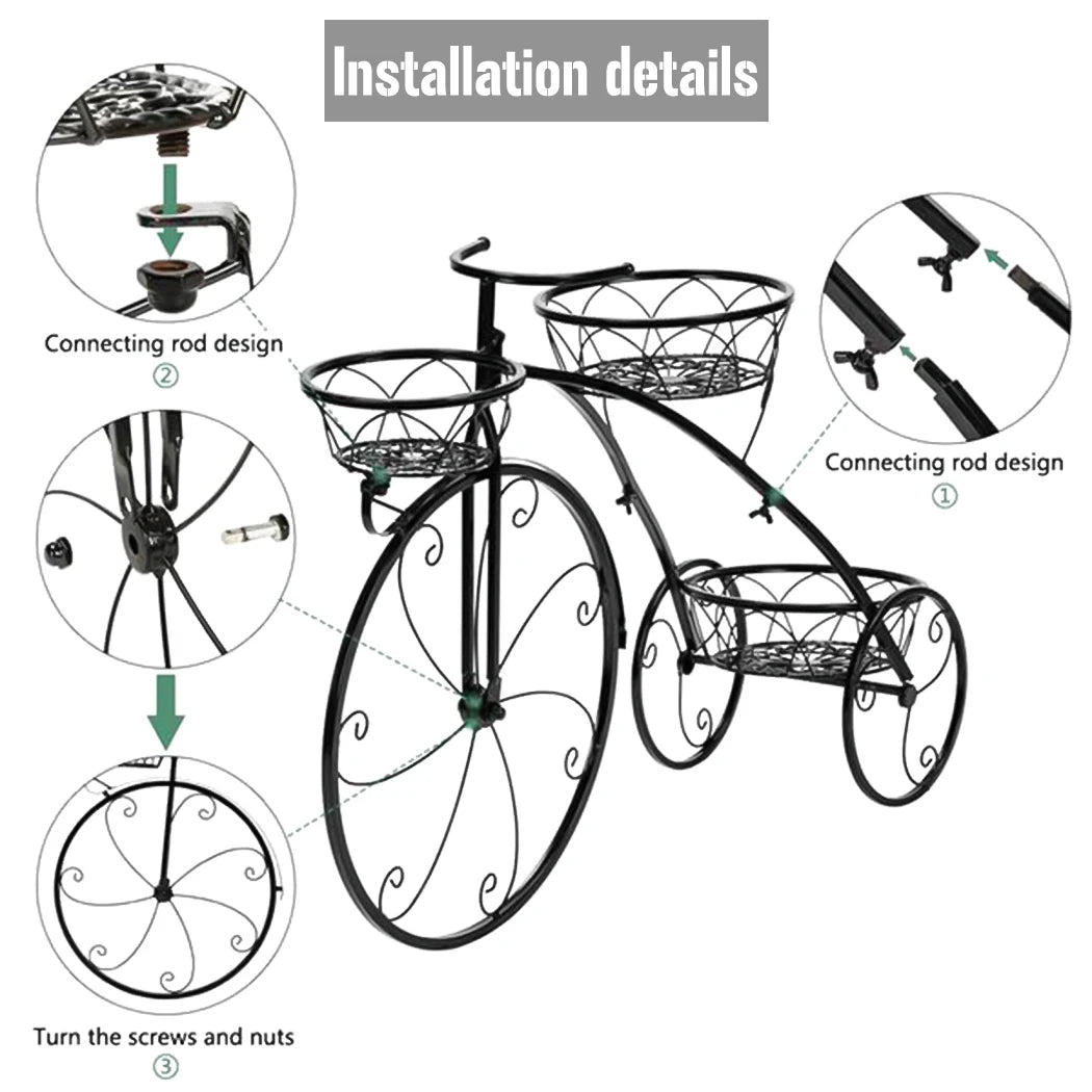3 Tier Bicycle Plant Stand Wrought Iron Tricycle Flower Pot Holder Indoor Outdoor Black