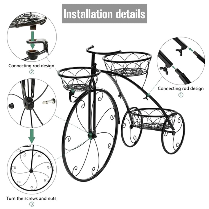 3 Tier Bicycle Plant Stand Wrought Iron Tricycle Flower Pot Holder Indoor Outdoor Black
