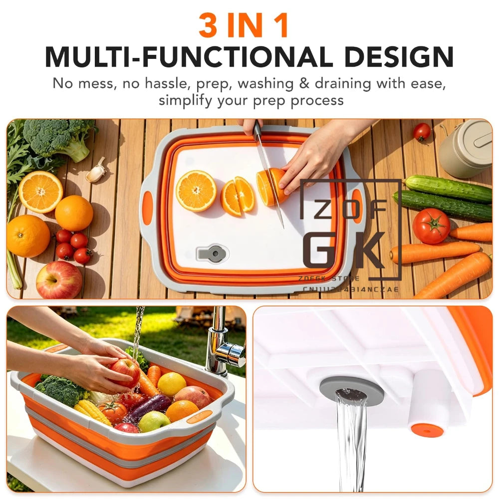 16L Collapsible Orange Food Prep Tub with Cutting Board Drain Plug for Camping BBQ and Outdoor Use