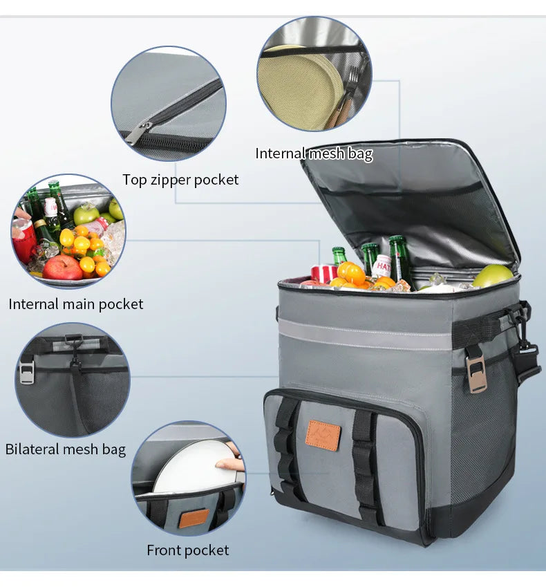35L Portable Gray Rolling Cooler Bag with Wheels Telescopic Handle for Camping Picnic Beach and Travel