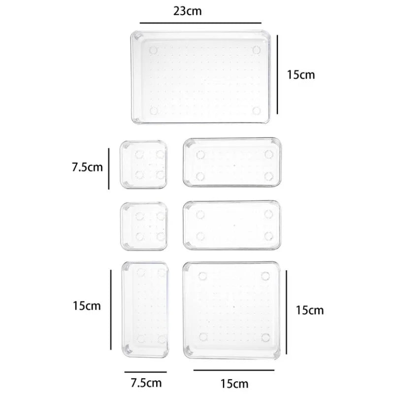 7 Piece Clear Drawer Organizer Set Plastic Storage Boxes Multi Size Makeup Bathroom Desk