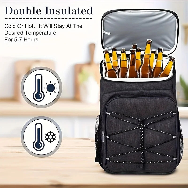Large Capacity Black Insulated Backpack Lunch Bag with Multiple Compartments for Camping Picnics and Travel