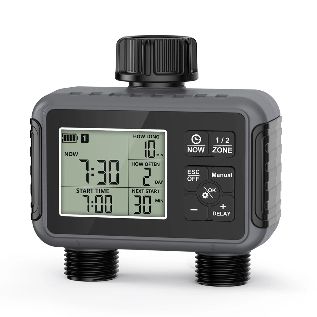 2-Zone Programmable Garden Hose Timer IPX5 Watering Controller for Lawn Yard