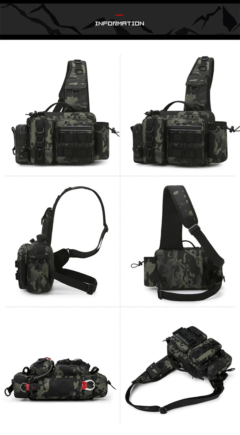 Fishing Tackle Backpack Dark Camouflage Sling Shoulder Bag with Rod Holder Multi Pocket Gear Storage Bag for Fishing and Outdoor Travel