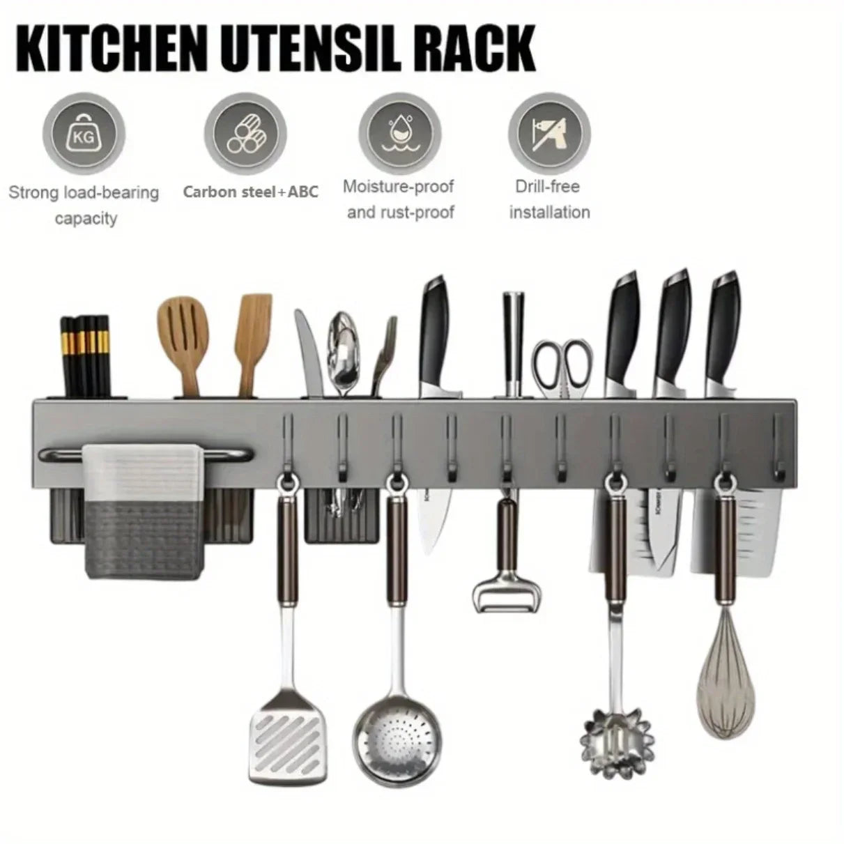 60CM Wall Mounted Kitchen Storage Rack Knife Holder Pot Lid Cutting Board Organizer