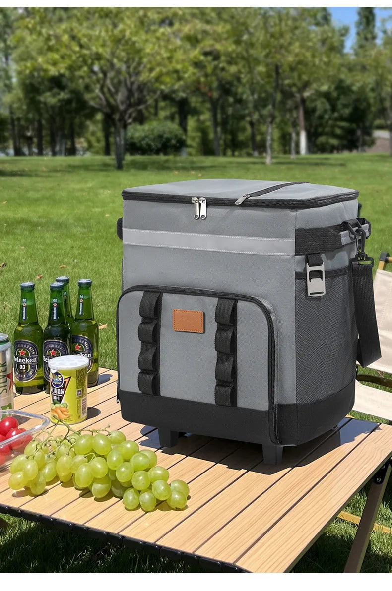 35L Portable Gray Rolling Cooler Bag with Wheels Telescopic Handle for Camping Picnic Beach and Travel
