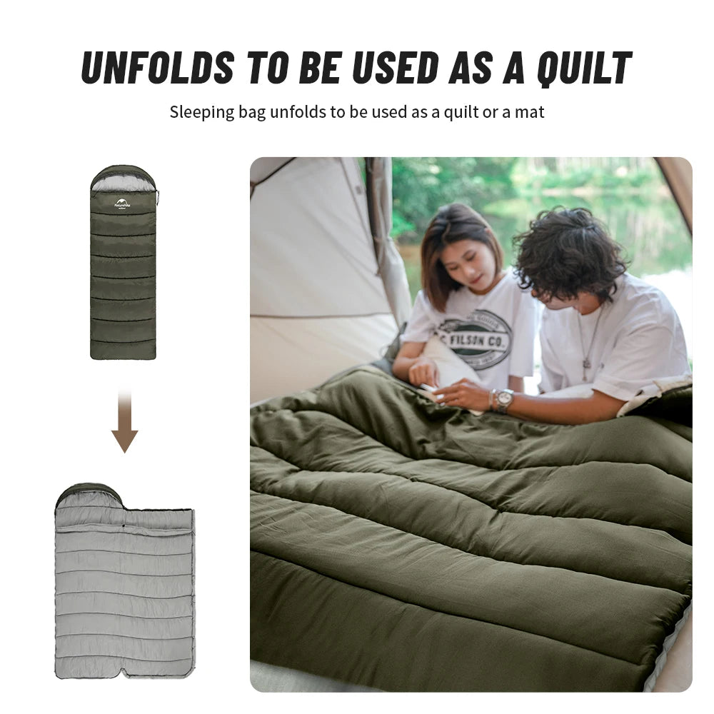 250g Cotton Filled Envelope Green Right Zip Winter Sleeping Bag for Camping Hiking Trekking and Outdoor Travel
