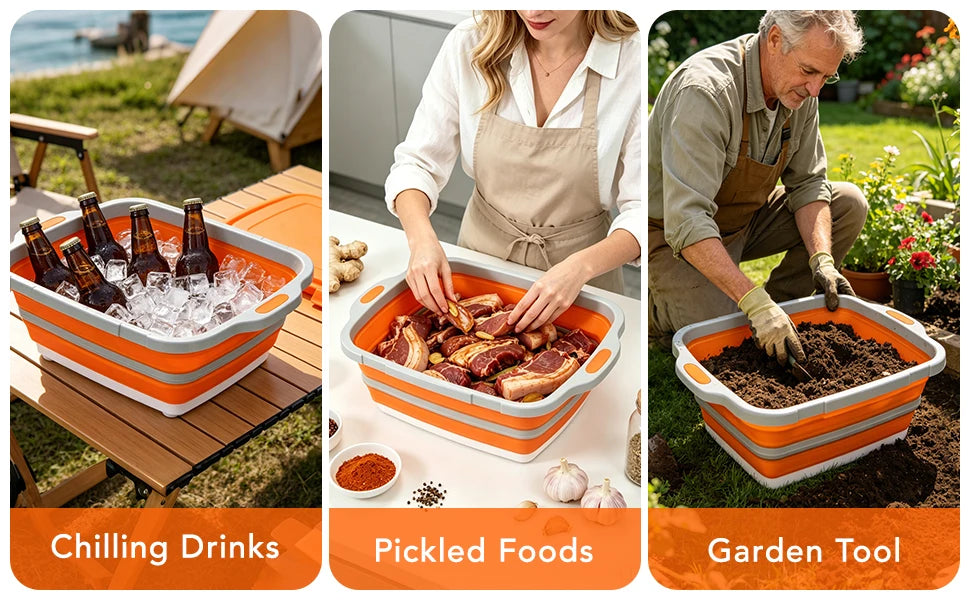 8L Collapsible Orange Food Prep Tub with Cutting Board Drain Plug for Camping BBQ and Outdoor Use