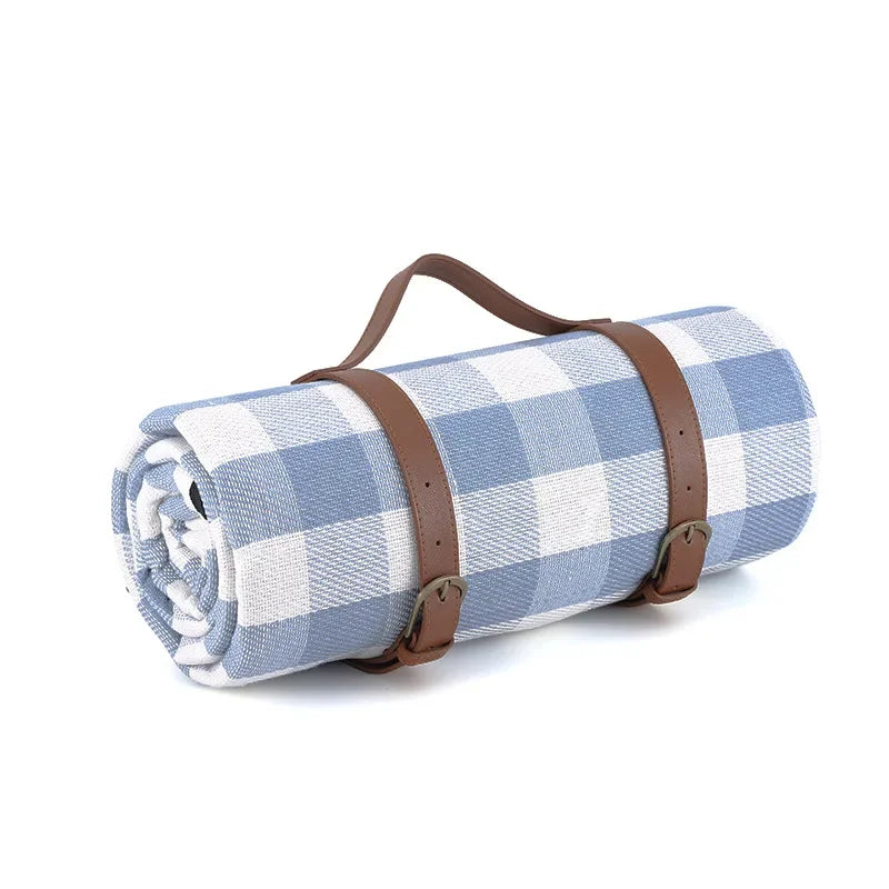 150x200cm Foldable Blue Plaid Picnic Blanket Waterproof Outdoor Mat with Leather Handle for Beach Camping Travel