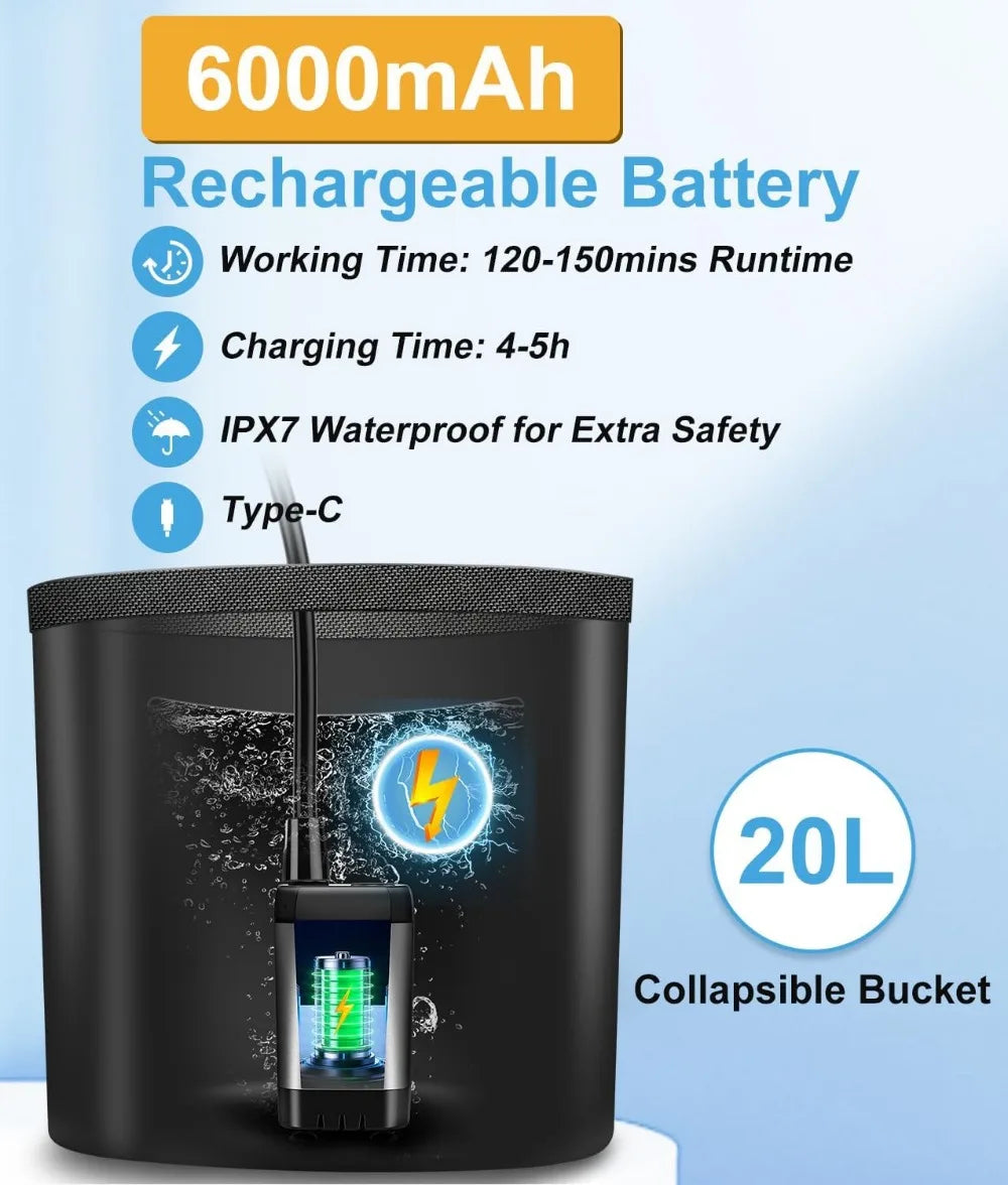 6000mAh Black Portable Camping Shower Rechargeable Outdoor Shower Kit with 20L Foldable Bucket and Pump