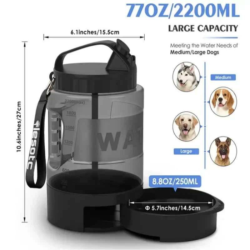 2200ml Portable Dog Water Bottle with Foldable Drinking Bowl Large Capacity Travel Water Dispenser