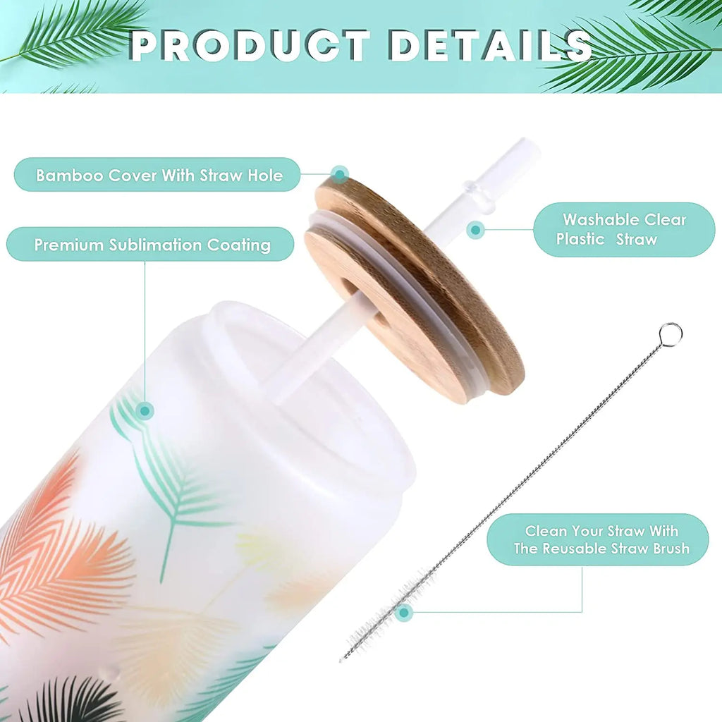 4 Piece 16oz Frosted Glass Tumblers with Bamboo Lid DIY Sublimation Cups Set