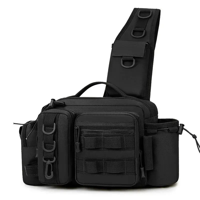 Fishing Tackle Backpack Black Sling Shoulder Bag with Rod Holder Multi Pocket Gear Storage Bag for Fishing and Outdoor Travel