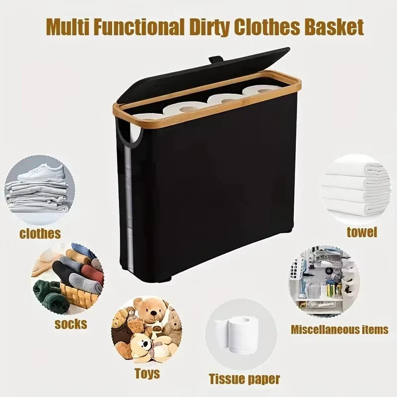 Foldable Toilet Paper Storage Basket Black with Lid Bamboo Frame Organizer