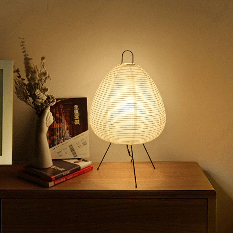 Japanese Style Paper Table Lamp LED Lantern Desk Light with Iron Tripod for Bedroom Living Room