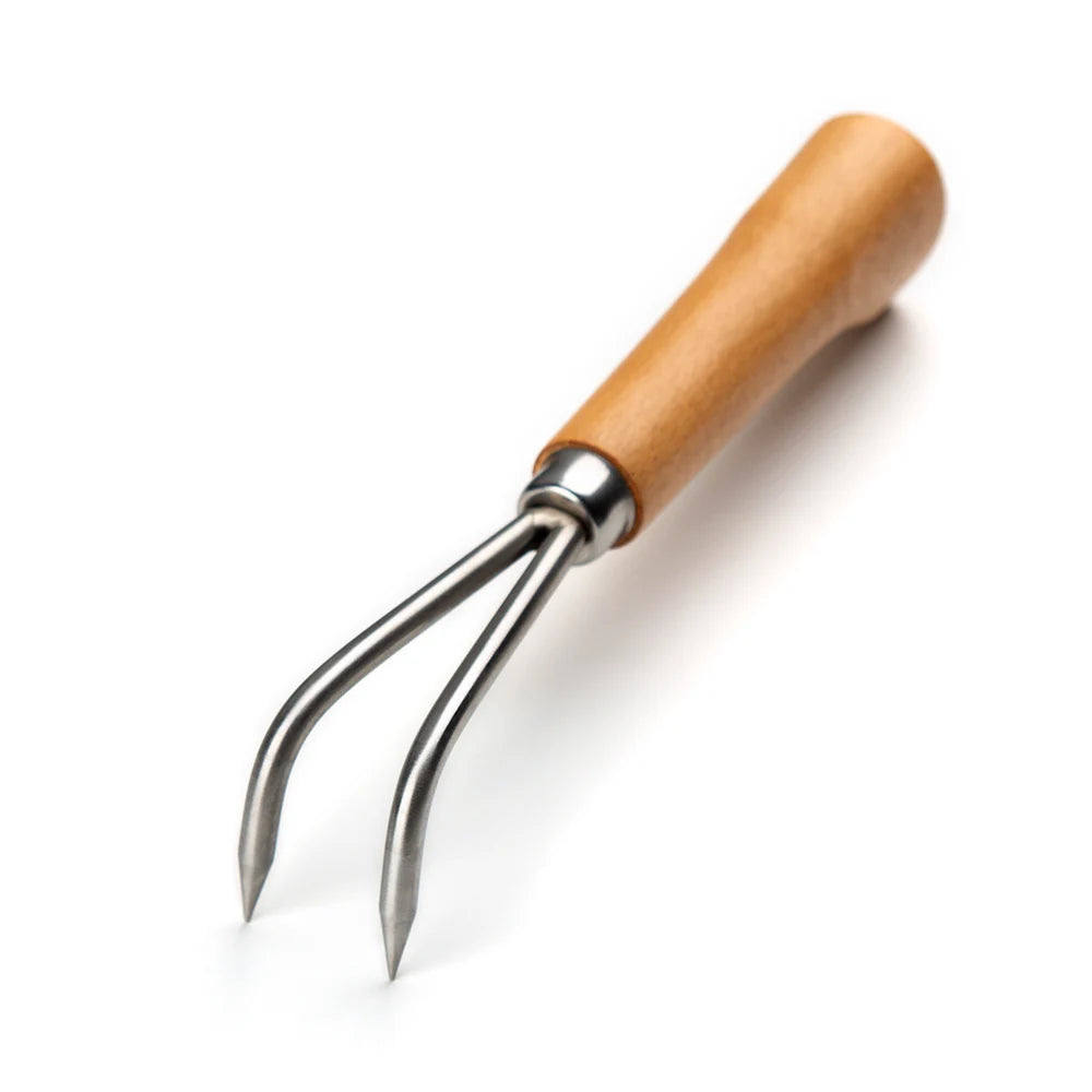 Two Hook Bonsai Root Hook Wooden Handle Alloy Steel Soil Loosening Tool for Repotting and Weeding