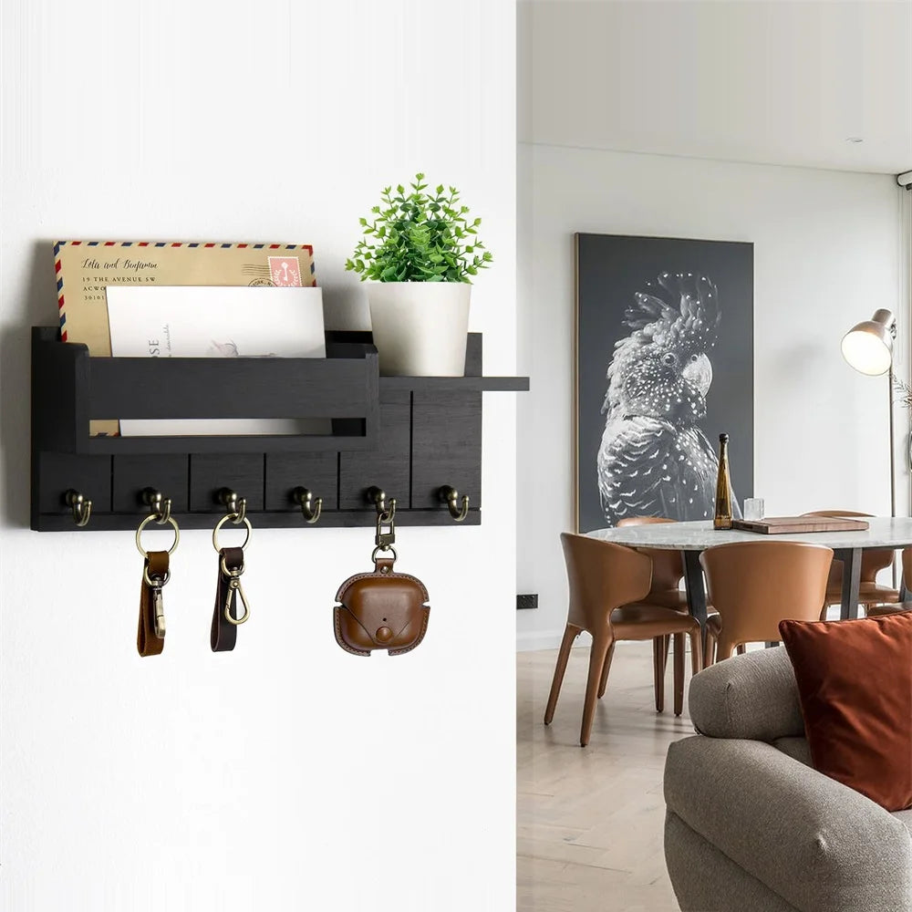 Wood Key Holder Wall Rack with Shelf and 6 Hooks Mail Organizer