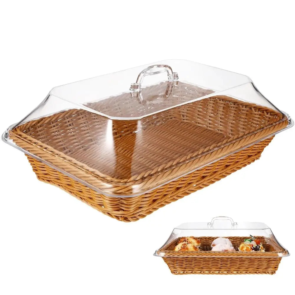 Rectangular Rattan Style Bread Basket with Clear Acrylic Lid for Food Storage and Serving