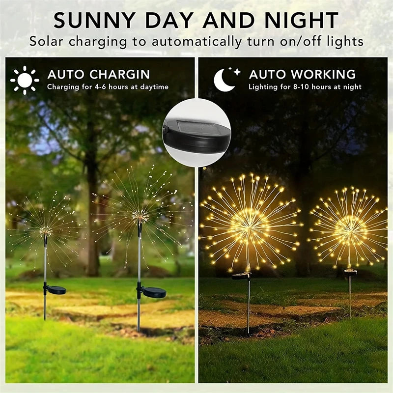 2 Piece Solar Firework Lights 150 LED Warm White Waterproof Garden Stake Light for Outdoor Decoration
