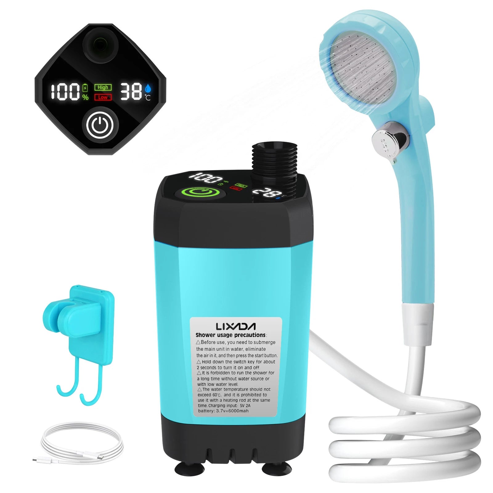 Portable Blue Camping Shower Pump with Intelligent Digital Display 6000mAh Rechargeable Outdoor Shower Kit for RV