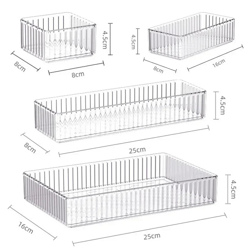 4 Piece Clear Drawer Organizer Set Plastic Storage Boxes Multi Size Makeup Bathroom Desk