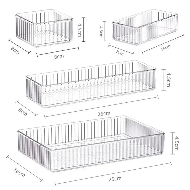 4 Piece Clear Drawer Organizer Set Plastic Storage Boxes Multi Size Makeup Bathroom Desk