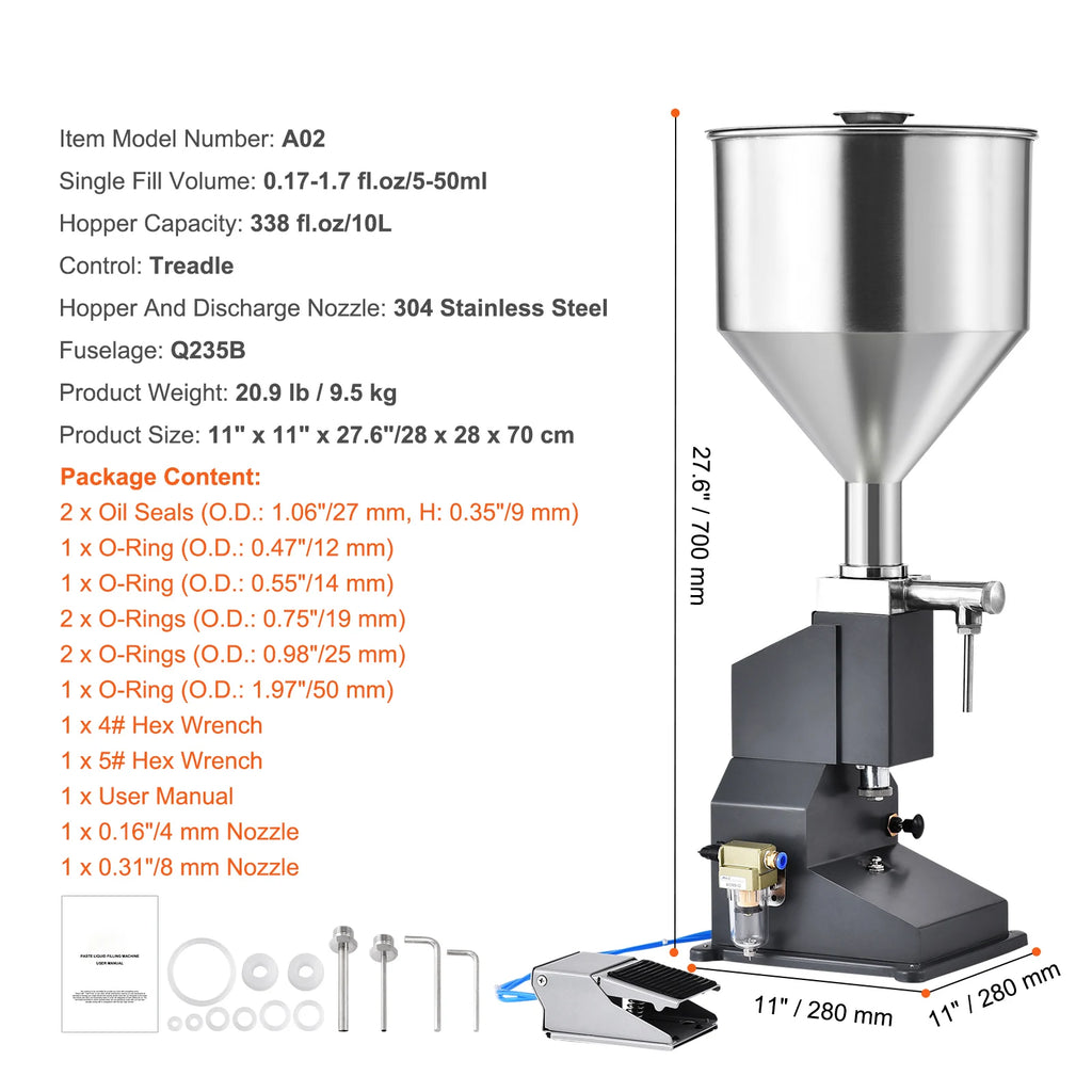 Manual Liquid Filling Machine 5-50ml Bottle Filler Stainless Steel with Foot Pedal