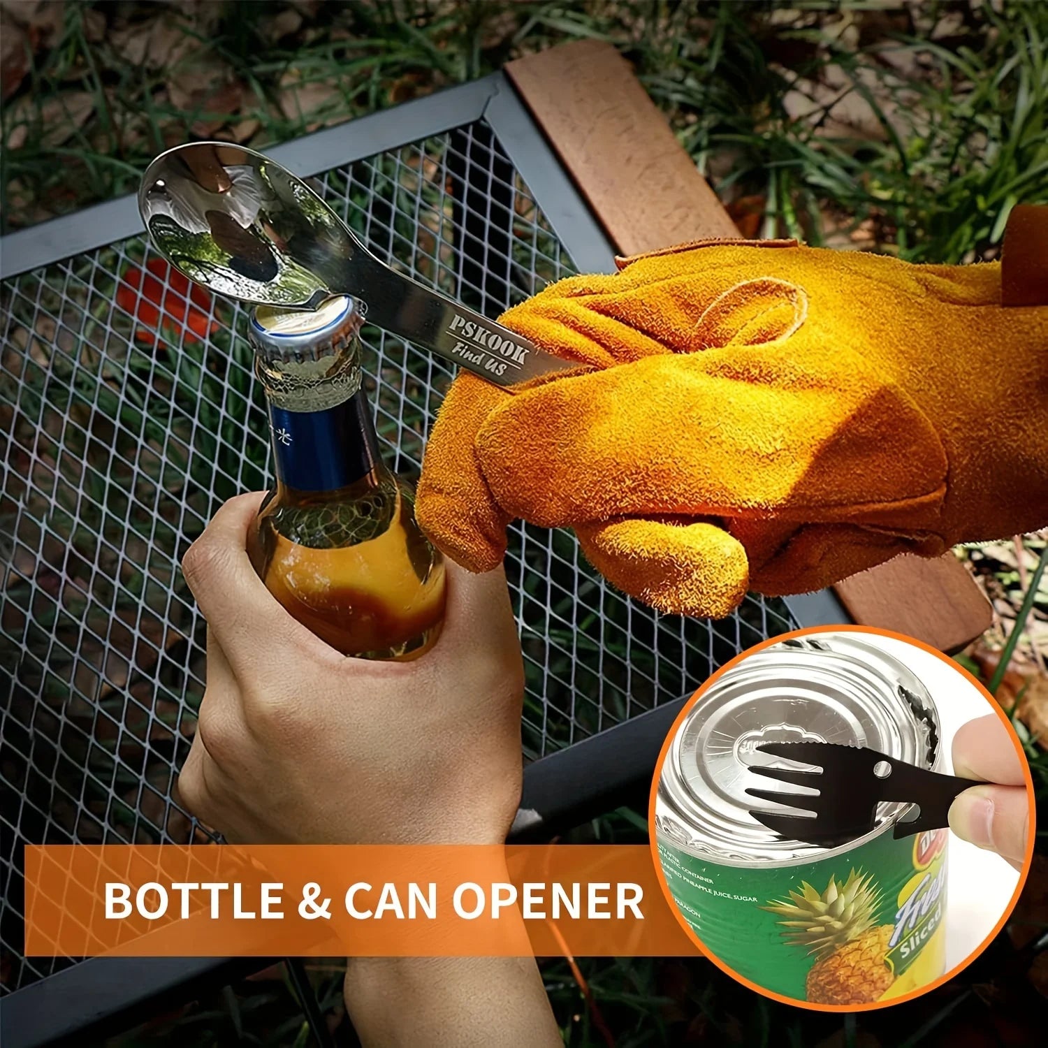 Stainless Steel 5 in 1 Silver Camping Spork with Bottle and Can Opener Outdoor Tableware