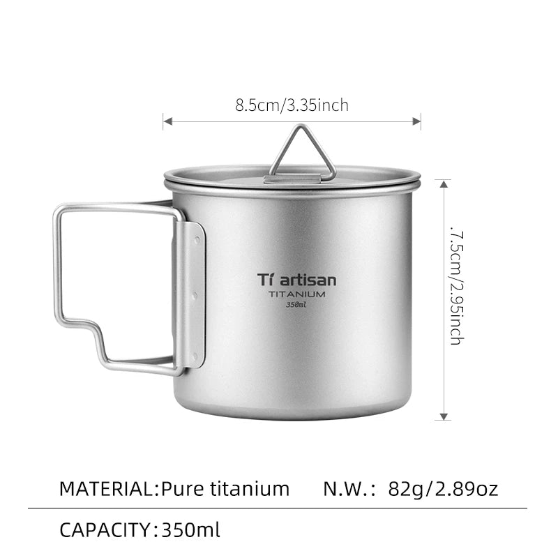 350ml Titanium Camping Mug Lightweight Portable Coffee Cup with Folding Handle and Lid for Outdoor Hiking