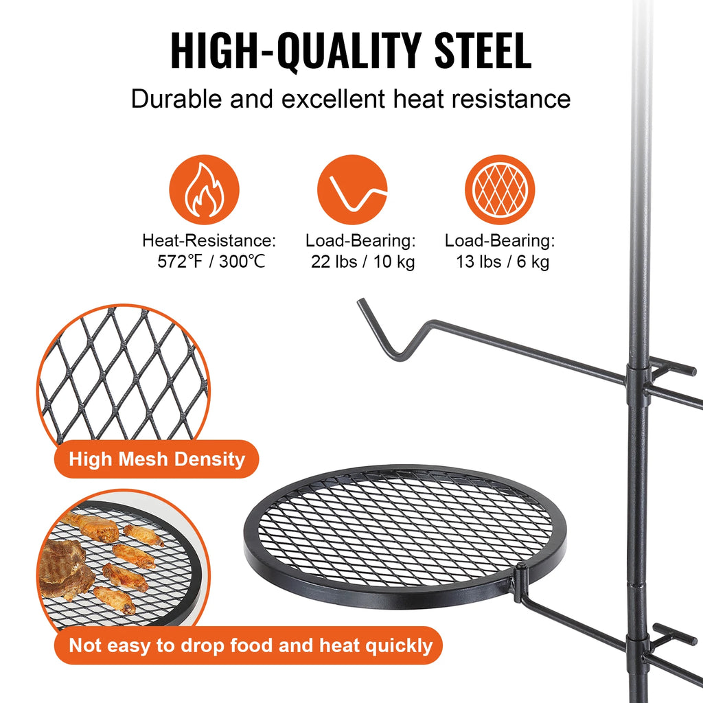 Portable Swivel Campfire Grill Rack Heavy Duty Steel Cooking Grate for Camping Picnic Beach