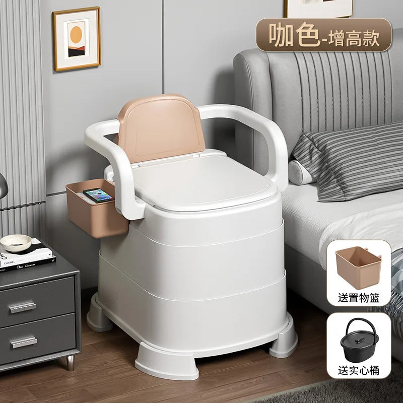 Portable Commode Chair High Coffee Hard Seat Removable Bucket and Armrests for Home Care
