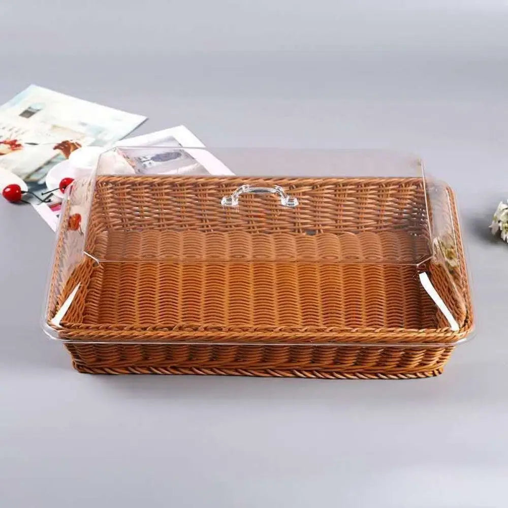 Rectangular Rattan Style Bread Basket with Clear Acrylic Lid for Food Storage and Serving