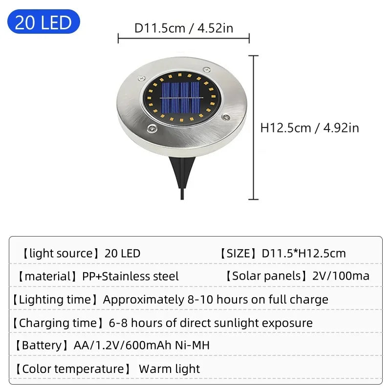 4 Piece 20 LED Solar Disc Light Warm Light IP65 Garden Underground Path Light