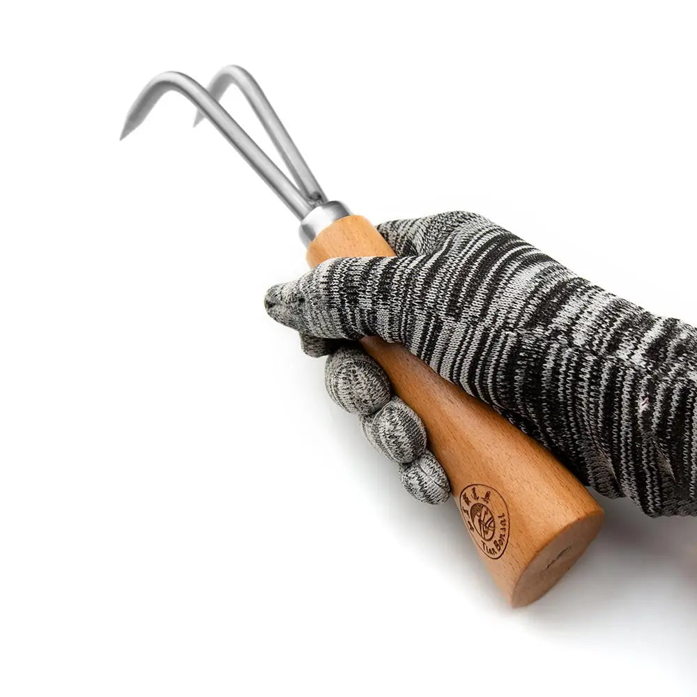 Two Hook Bonsai Root Hook Wooden Handle Alloy Steel Soil Loosening Tool for Repotting and Weeding